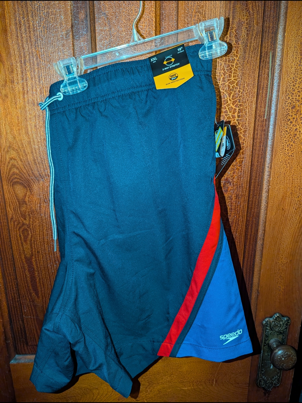 Speedo Black Swim Shorts with Red and Blue Side Panels